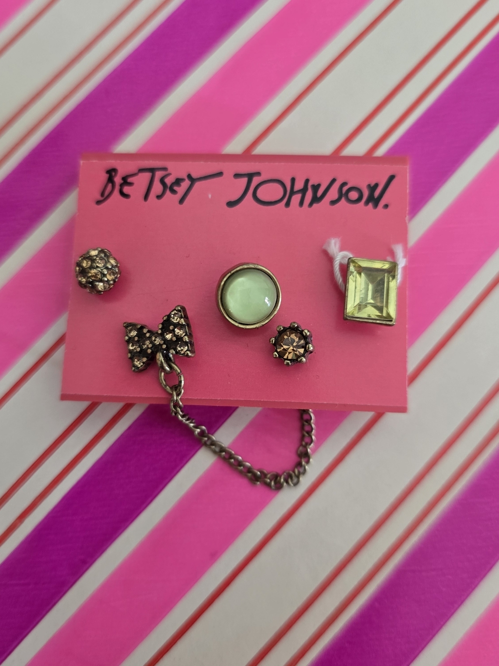 Betsey Johnson Gold and Green Multi-Stud Bow Earring Set
